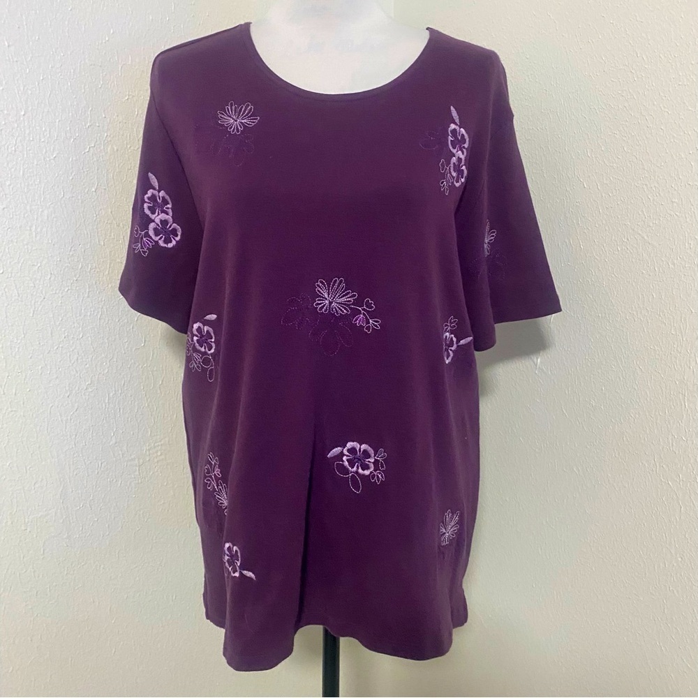 Classic Elements Women XL Short Sleeve Blouse Purple Embroidery All Over Print